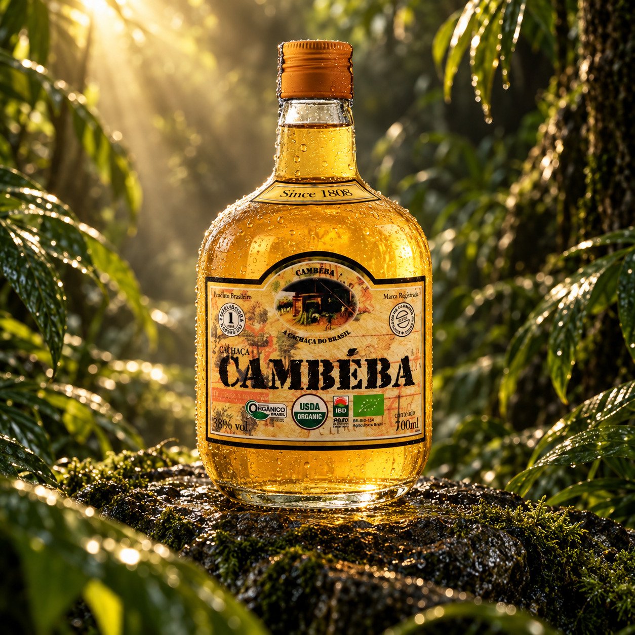 Garrafa de Cachaça Cambéba Ouro com fundo de selva