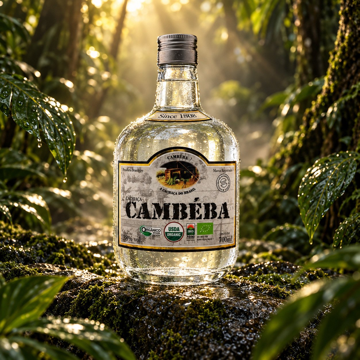 Garrafa de Cachaça Cambéba Prata com fundo de selva